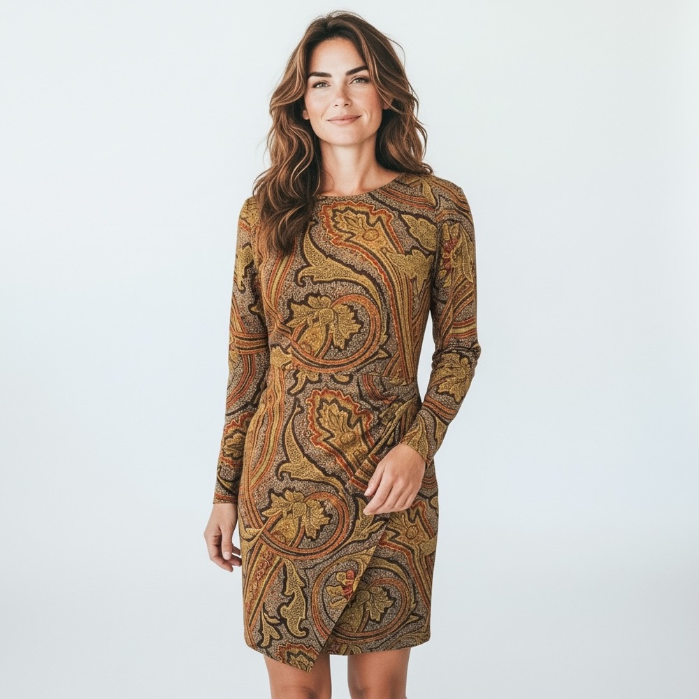 Vintage Ellen Tracy Petite Long Sleeve Paisley Dress in Brown and Gold